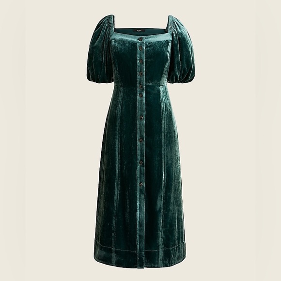 J. CREW Emerald Green VELVET PUFF SLEEVE BUTTON FRONT Square Neck Dress - Picture 4 of 12